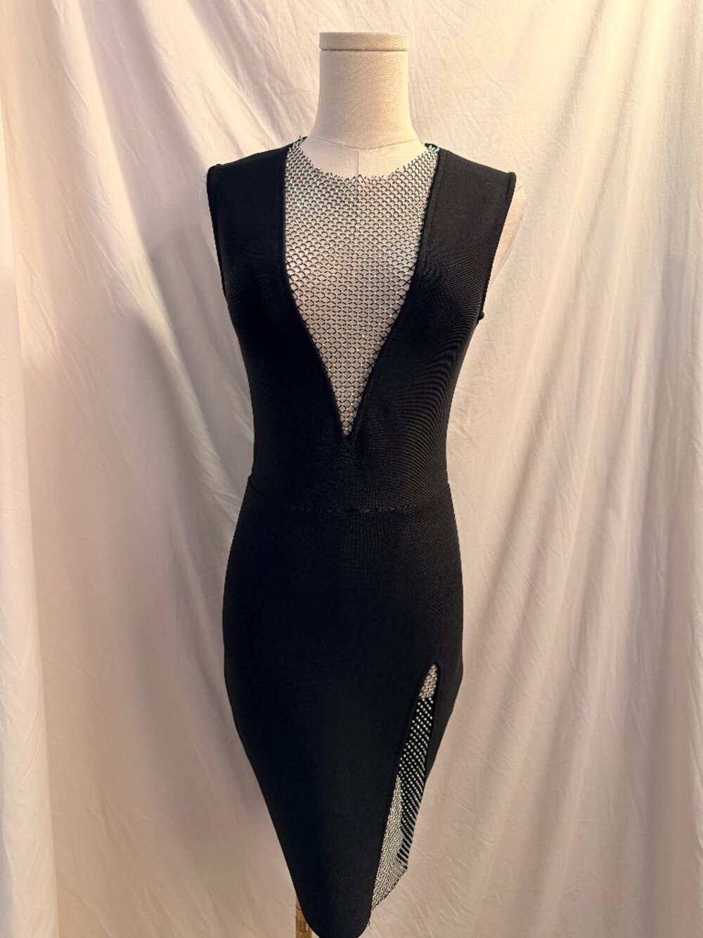 Bella Barnett NWT Black Rhinestone Mesh Bodycon Dress